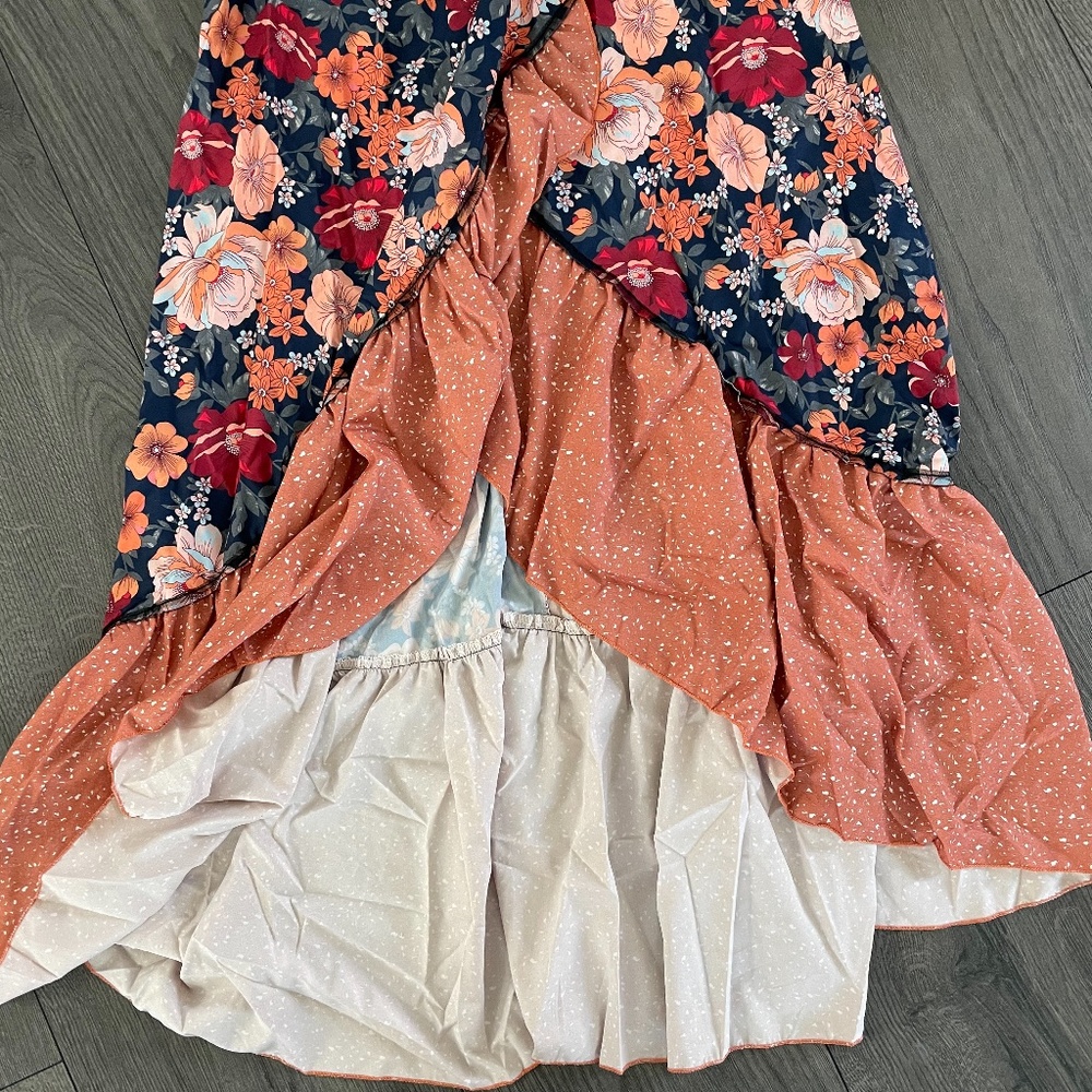 Ruffle hem floral orange boho gypsy maxi dress Ruffle Cottagecore - Picture 13 of 14